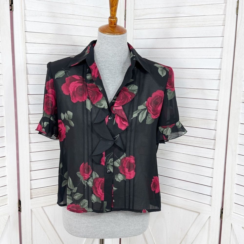 Studio I Sheer Ruffle Trim Roses Floral Crop Y2K Blouse Black Red‎ 8 Gothic Top